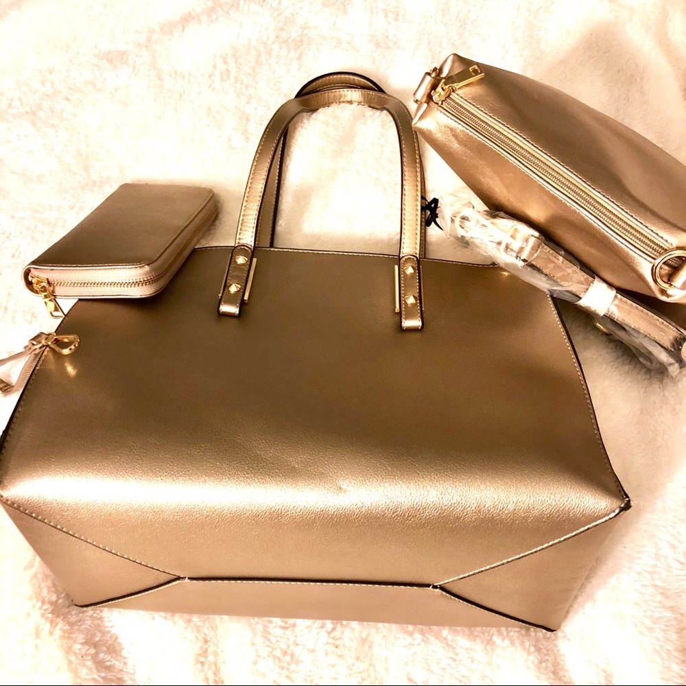 3 Piece Mute Gold Shoulder bag, Crossbody & Wallet